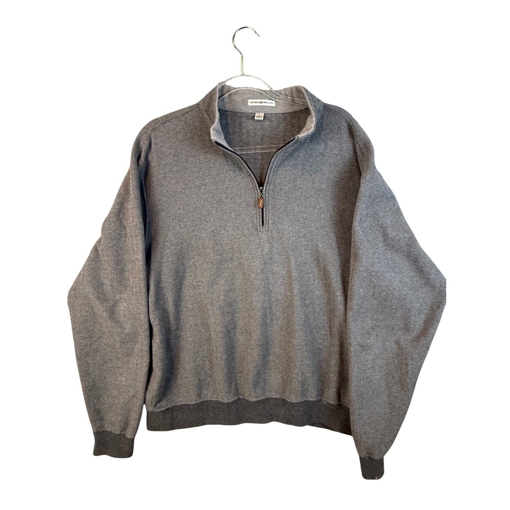 Peter Millar Mens Grey Herringbone 100% Cotton Quarter Zip Pullover Sweater L